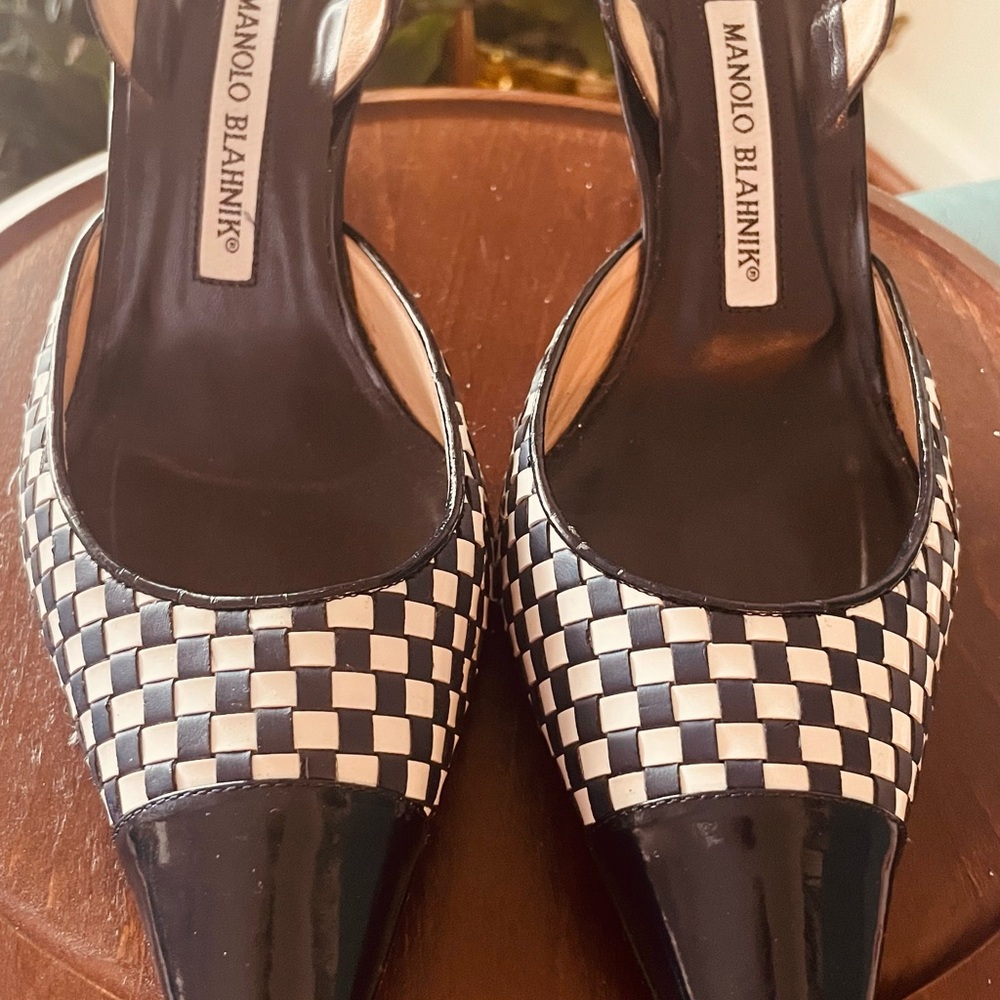 Manolo Blahnik Black and White Checkered Slingback Heels